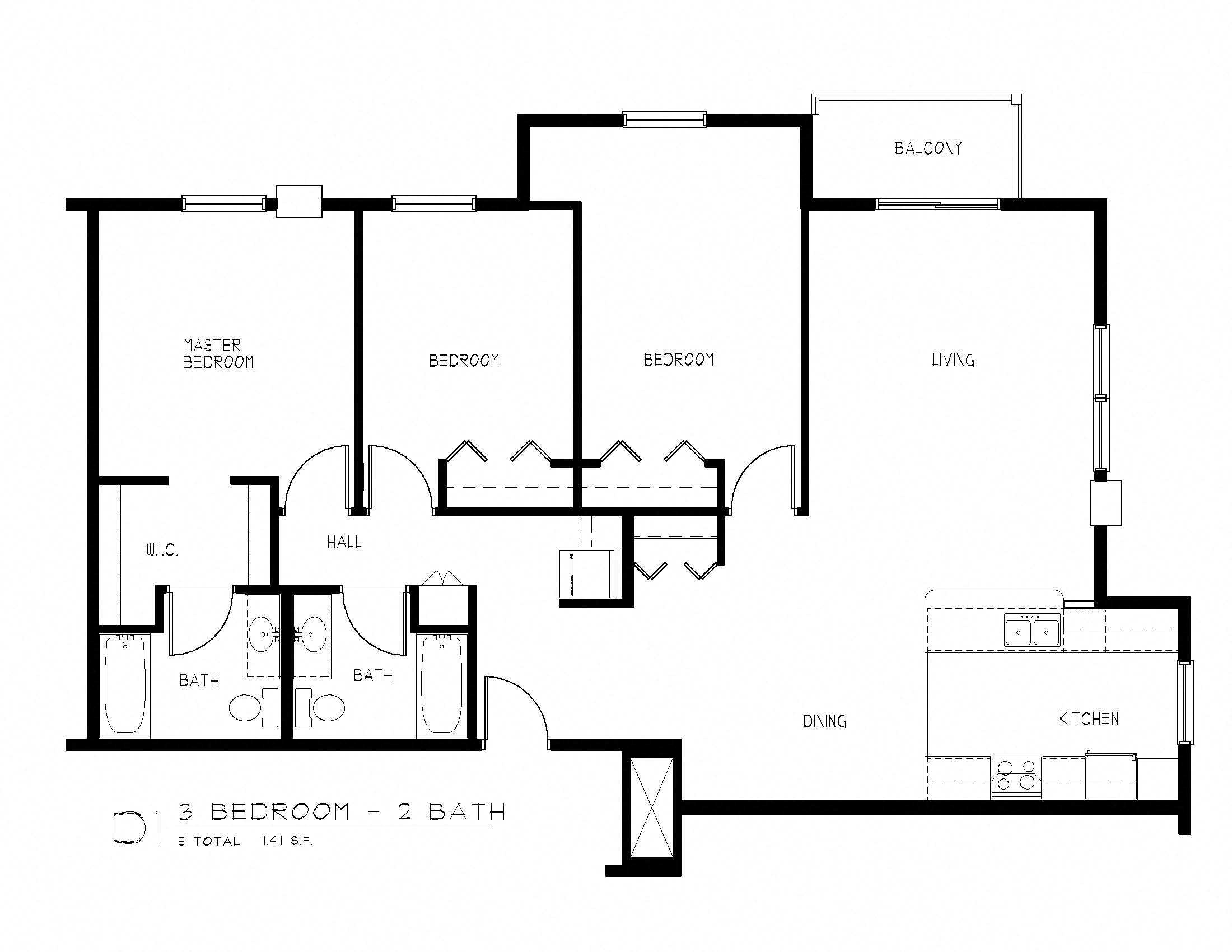 Floor plan for 3 beds, 2 baths, 1411 sqft